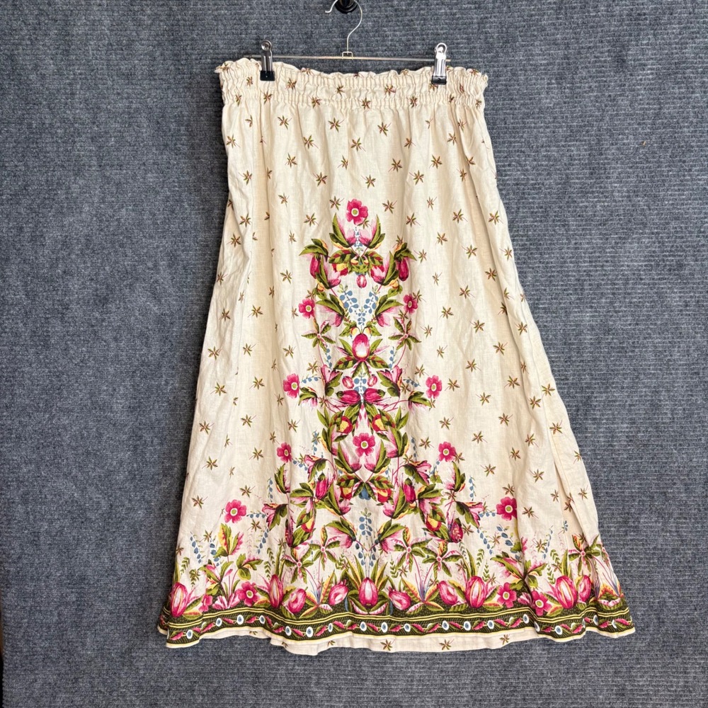 Max Studio Cream Midi Skirt with Pink Floral Embroidery